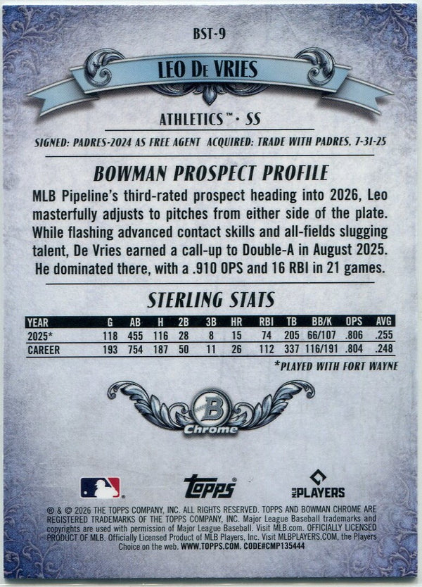 Leo De Vries 2026 Bowman Chrome Sterling Card #BST-9