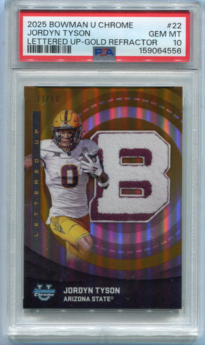 Jordyn Tyson 2025 Bowman U Chrome Lettered Up Gold Refractor RC #LU-22 31/50 PSA Graded 10