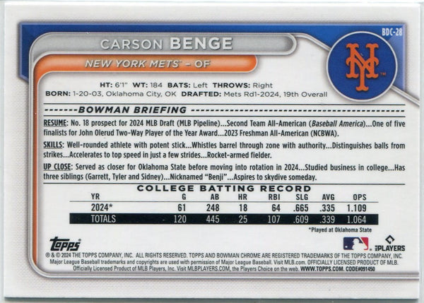 Carson Benge 2024 Bowman Draft Chrome RC #BDC-28