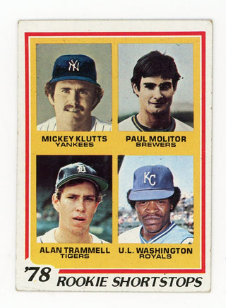 Mickey Klutts, Paul Molitor, Alan Trammell, & U.L. Washington 1978 Topps Rookie Shortstops Card