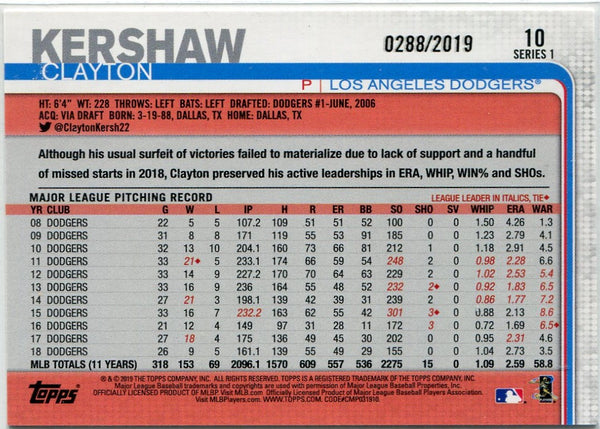 Clayton Kershaw 2019 Topps Gold Parallel Card #10 288/2019