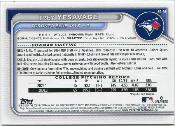 Trey Yesavage 2024 Bowman Draft RC BD-92