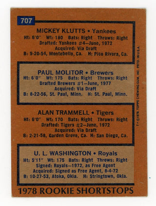 Mickey Klutts, Paul Molitor, Alan Trammell, & U.L. Washington 1978 Topps Rookie Shortstops Card