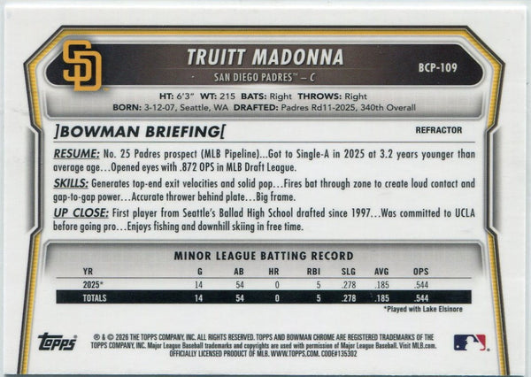 Truitt Madonna 2026 Bowman Chrome Prospects Refractor RC #BCP-109 177/499