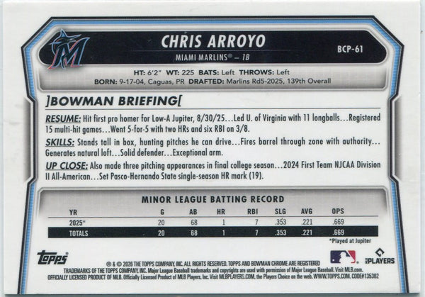 Chris Arroyo 2026 Bowman Chrome Prospects Reptilian Refractor RC #BCP-61