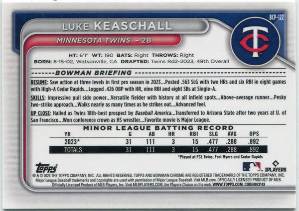 Luke Keaschall 2024 Bowman Chrome Prospects Green Lunar Refractor RC BDC-122