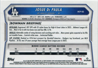 Josue De Paula 2026 Bowman Chrome Prospects Reptilian Refractor Card #BCP-83