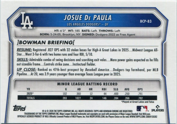 Josue De Paula 2026 Bowman Chrome Prospects Reptilian Refractor Card #BCP-83