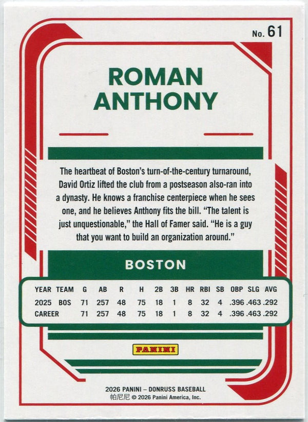Roman Anthony 2026 Panini Donruss Rockets Foil Card #61