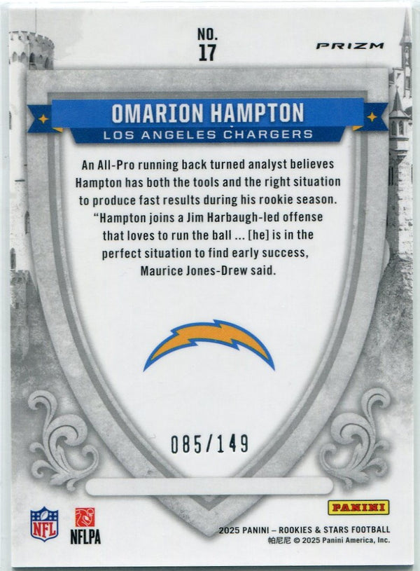 Omarion Hampton 2025 Panini Rookies & Stars Crusade White Prizm RC #17 85/149
