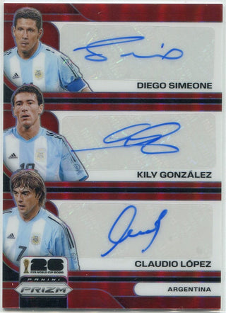 Diego Simeone, Kily Gonzalez, Claudio Lopez 2026 Panini Prizm FIFA World Cup Triple Autographed Red Prizm Card #TS-DKC 22/49