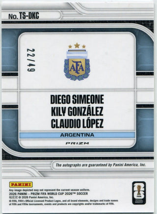 Diego Simeone, Kily Gonzalez, Claudio Lopez 2026 Panini Prizm FIFA World Cup Triple Autographed Red Prizm Card #TS-DKC 22/49