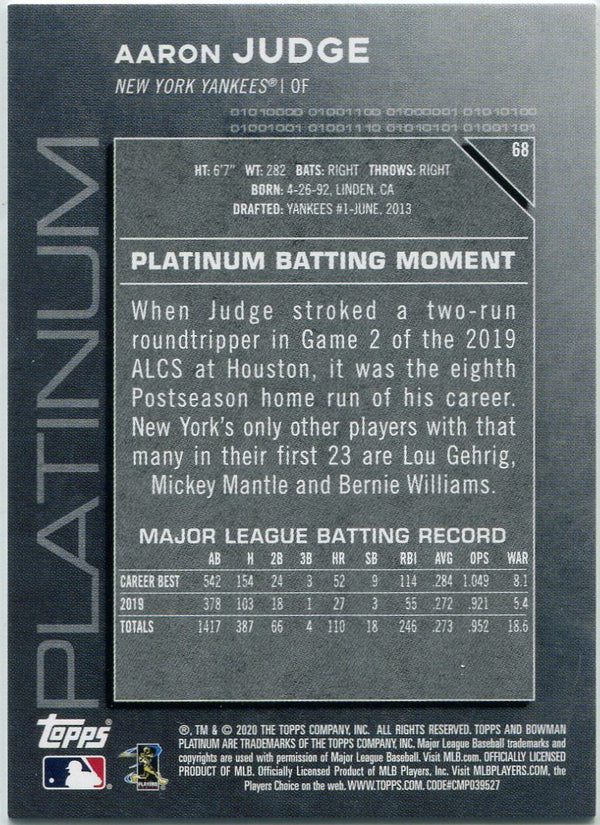 Aaron Judge 2020 Bowman Platinum Teal Parallel Card #68 137/299