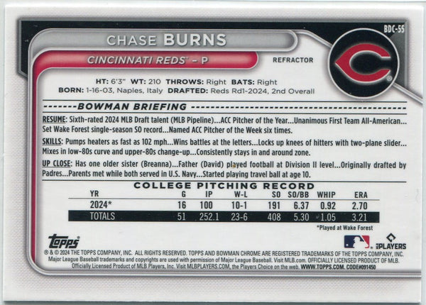 Chase Burns 2024 Bowman Draft Chrome Refractor RC #BDC-55