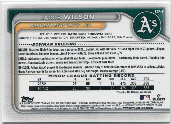 Jacob Wilson 2024 Bowman Chrome Prospects Green Lunar Glow Refractor Card #BCP-3