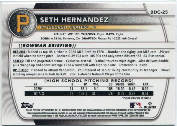 Seth Hernandez 2025 Bowman Draft Chrome Blue MOJO Refractor RC #BDC-25