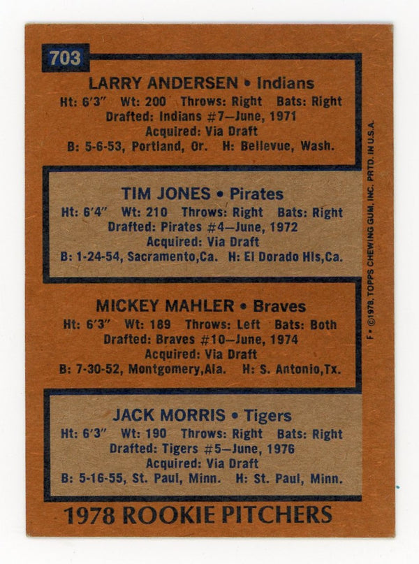 Larry Andersen, Tim Jones, Mickey Mahler, and Jack Morris 1978 Topps Rookie Pitchers Card