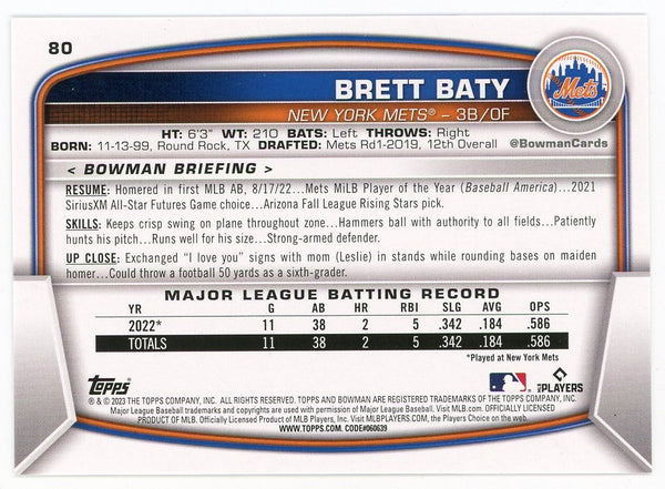 Brett Baty 2023 Topps Bowman #80 Card