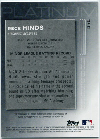Rece Hinds 2020 Bowman Platinum Autographed RC #TOP-13