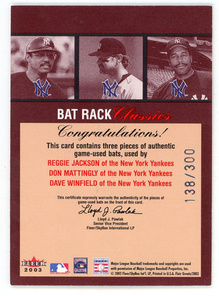 Reggie Jackson/ Don Mattingly/ Dave Winfield 2003 Fleer Flair Greats Bat Rack