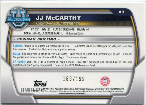 JJ McCarthy 2022 Bowman Chrome University Blue Refractor RC #48 169/199