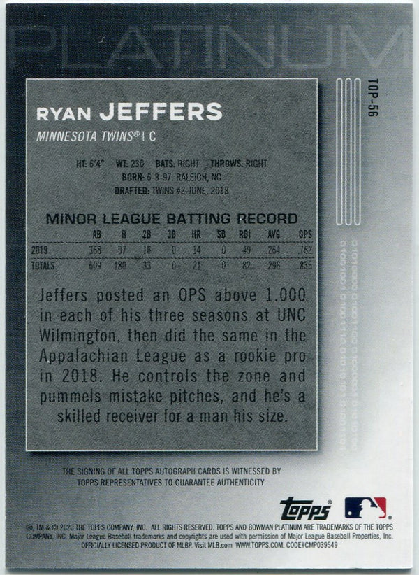 Ryan Jeffers 2020 Bowman Platinum Autographed RC #TOP-56