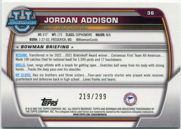 Jordan Addison 2022 Bowman Chrome University Aqua Wave Refractor RC #36 219/299