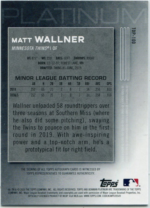 Matt Wallner 2020 Bowman Platinum Autographed RC #TOP-100