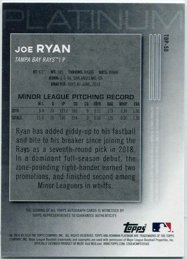 Joe Ryan 2020 Bowman Platinum Autographed RC #TOP-50
