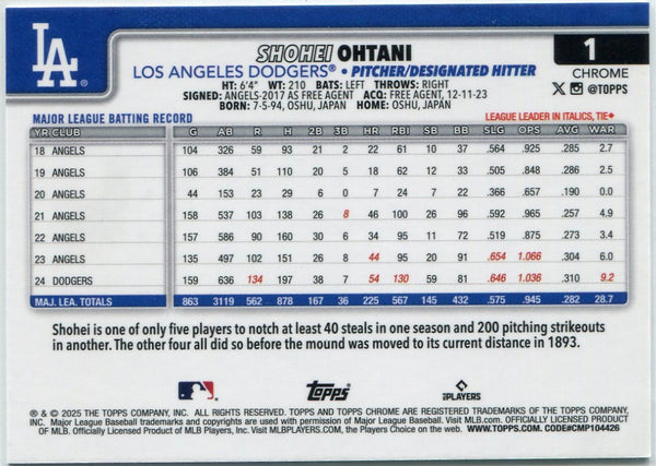 Shohei Ohtani 2025 Topps Chrome Card #1