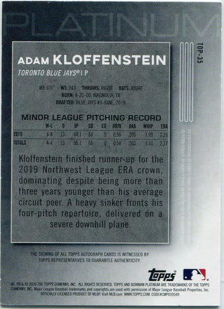 Adam Kloffenstein 2020 Bowman Platinum Autographed RC #TOP-35 16/25