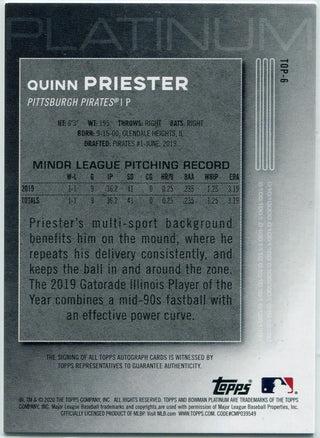 Quinn Priester 2020 Bowman Platinum Autographed RC #TOP-6