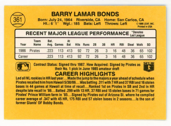 Barry Bonds 1986 Leaf #361 Card