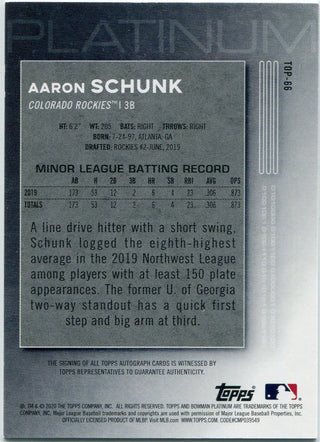 Aaron Schunk 2020 Bowman Platinum Autographed RC #TOP-66