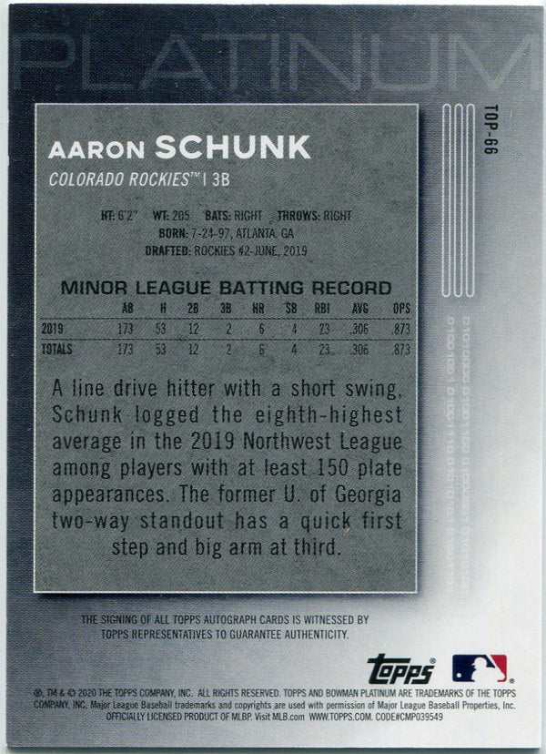 Aaron Schunk 2020 Bowman Platinum Autographed RC #TOP-66