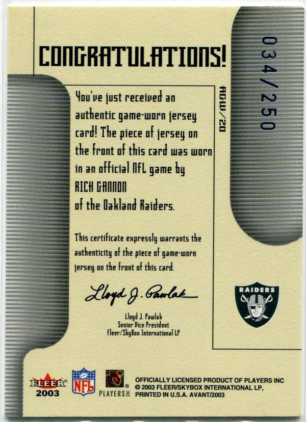 Rich Gannon 2003 Fleer Avant Jersey Card #AGW-20 34/250