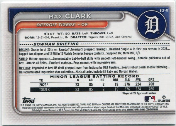 Max Clark 2024 Bowman Chrome Prospect RC BCP-74