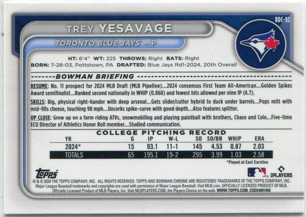 Trey Yesavage 2024 Bowman Draft Chrome RC BDC-92