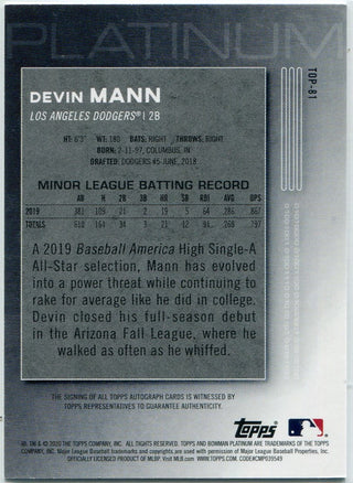 Devin Mann 2020 Bowman Platinum Autographed RC #TOP-81