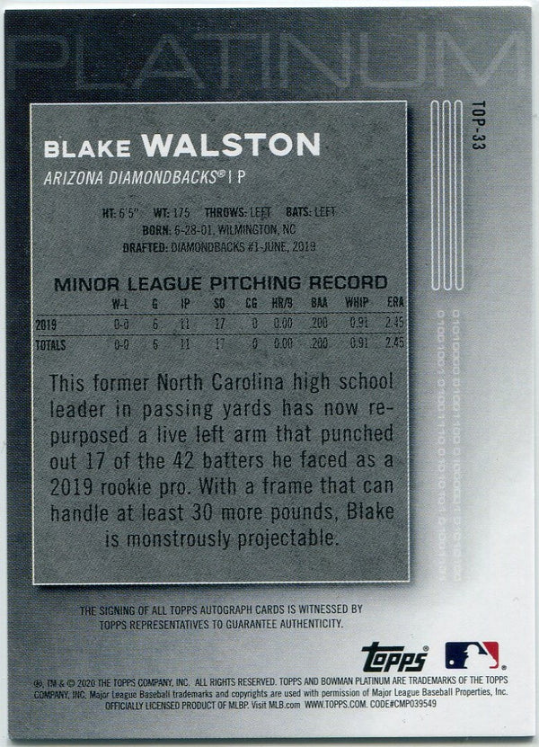 Blake Walston 2020 Bowman Platinum Autographed RC #TOP-33