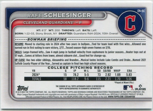 Rafe Schlesinger 2024 Bowman Chrome Autographed RC #CPA-RSC