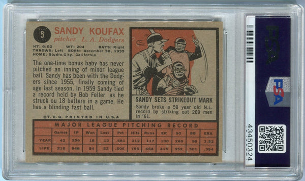 Sandy Koufax 1962 Topps Card #5 PSA Graded 6