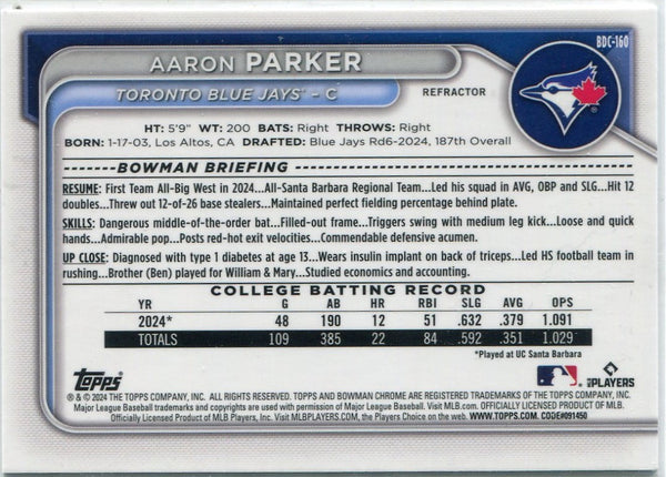 Aaron Parker 2024 Bowman Draft Chrome Refractor RC #BDC-160