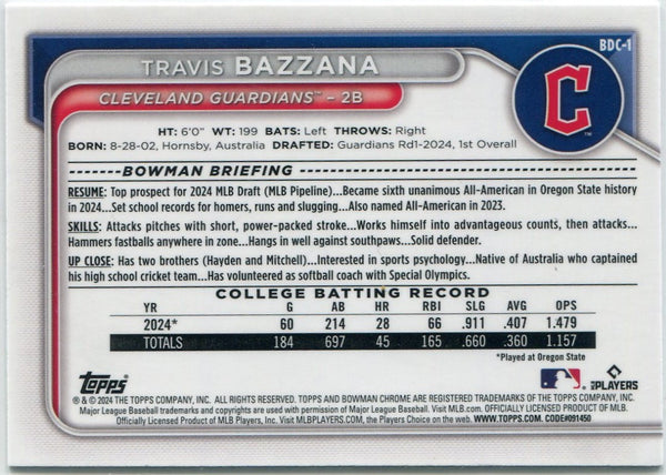 Travis Bazzana 2024 Bowman Draft Chrome RC BDC-1