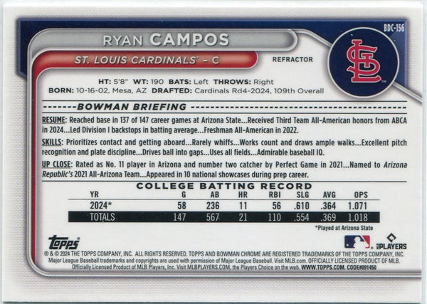 Ryan Campos 2024 Bowman Draft Chrome Refractor RC #BDC-156