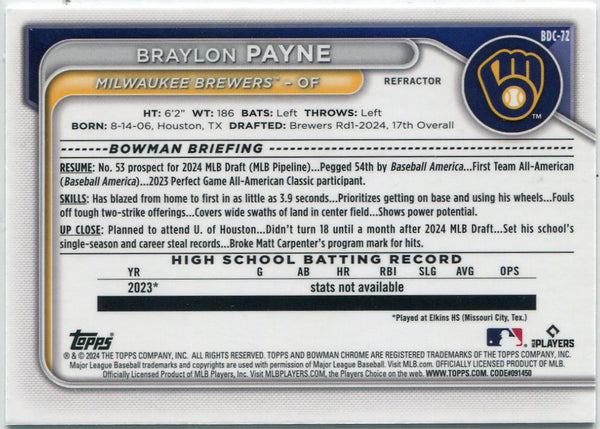 Braylon Payne 2024 Bowman Draft Chrome Refractor RC #BDC-72