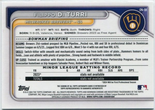 Filippo Di Turri 2024 Bowman Chrome Autographed RC #CPA-FDI