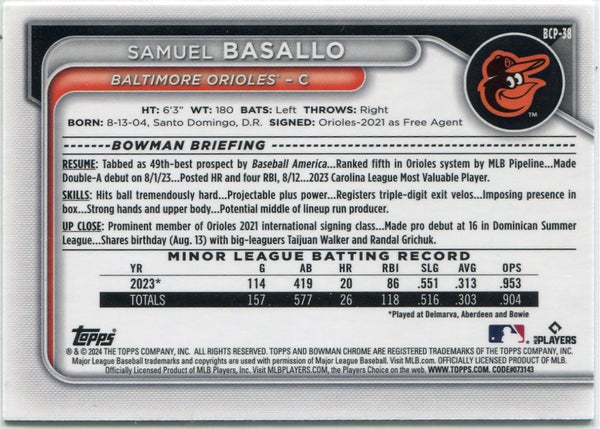 Samuel Basallo 2024 Bowman Chrome Prospects Gold Refractor Card #BCP-38 23/50