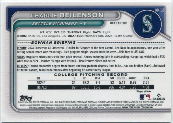 Charlie Beilenson 2024 Bowman Draft Chrome Refractor RC #BDC-132