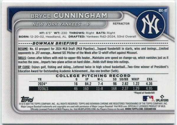 Bryce Cunningham 2024 Bowman Draft Chrome Refractor RC #BDC-97